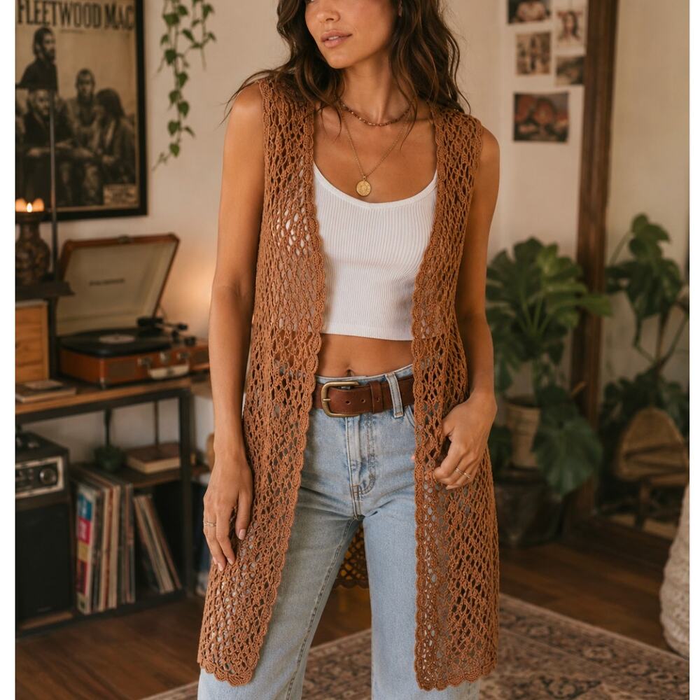Chico's NWT Boho Crochet Duster Vest Copper Brown Open Knit Festival Size S